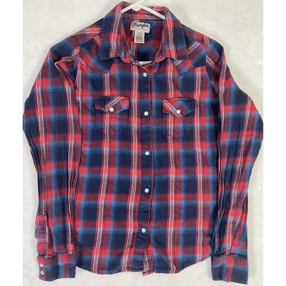 Wrangler Wrancher Shirt Womens Large Long Sleeve Western Button Up Red Plaid EUC